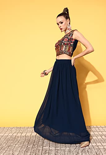 Image of LYMI LABEL Lehenga Choli For Women - Georgette Mirror work Banjara Floral Embroidered Thread Woek Choli, Plain Lehenga With Shrug Fully Stitched