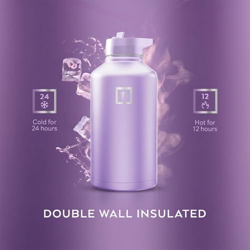 Image of IRON FLASK Camping & Hiking Hydration Flask with Straw, Wide Mouth Insulated Stainless Steel Sports Water Bottle - Lavender 64 oz - Straw (1 Lid)