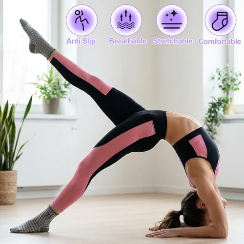 Image of 4 Pairs Women Cute Pilates Socks Non Slip Ruffle Yoga Socks for Women Dance Gym Exercise Embroidery Pattern