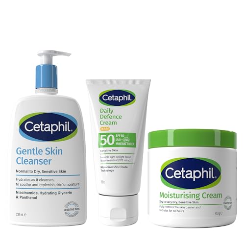 Image of Cetaphil Sensitive Skin Face & Body Skincare Set, Gentle Skin Cleanser 236ml + SPF 50 Day Cream Daily Defence 50g + Body Moisturising Cream 450g, Packaging May Vary