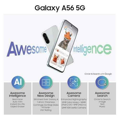 Samsung Galaxy A56 5G (Awesome Olive, 12GB, 256GB) | Awesome Intelligence: Circle to Search, Intelligent Editing | Awesome 6 OS & 6 Years Security Updates | IP67- International