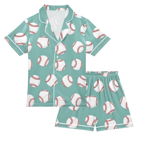 Cartoon Baseball Style Summer Satin Pajama Set, Cute Button-Down Sleepwear Pj Set for Sleep Wears