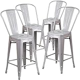 Flash Furniture 4 Pk. 24'' High Silver Metal Indoor-Outdoor Counter Height Stool with Back