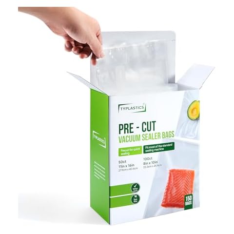 TYPLASTICS Vacuum Sealer Bags, Set of 150 Pre-Cut, Quart and Gallon, for Food Saver, Airtight Vac Storage, Meal Prep Cover