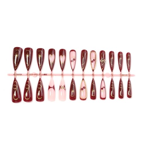 Image of Red Press on Nails Long Stiletto Fake Nails Bow Charm with Gold Design Heart Glue on Nail Glossy Full Cover Valentines Stick on Nail for Women Manicure DIY Decoration 24Pcs