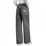 Momolaa 11-12 Years Girls Wide Leg Jeans Baggy Bow Embroidery High Elastic Waist Denim Pants Cute Y2K Trendy Teen Streetwear Loose Fit Demin Pants Bottoms 004_Dark Grey