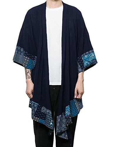 JINIDU Men's Kimono Cardigan Cotton Linen Shawl Collar Poncho Cloak Open Front Cape