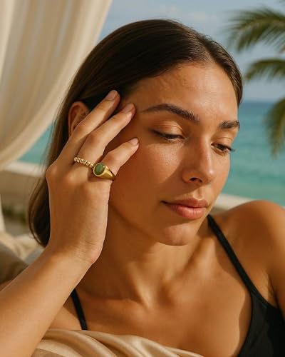 YeGieonr Gold Signet Rings for Women Non Tarnish Gold Rings, Waterproof Gemstones Statement Ring, 18K Gold Plated Stainless Steel Gem Stone Jewelry Gift for Everyday Wear (Green Aventurine, 7) - Image 4