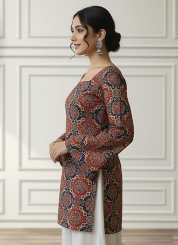 Image of MAHIRA'S Women's Short Kurti, Black Rayon Tunic Top with Embroidered Sleeves, 3 /4 Designer Sleeves