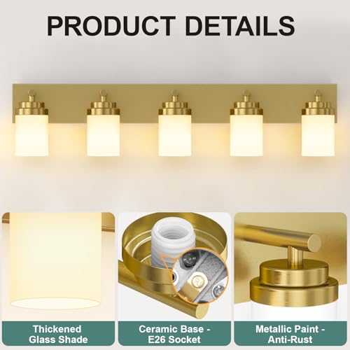 Image of IZORRO Bathroom Vanity Light Fixture, 5-Light 36 Inch Gold Bathroom Light Fixtures Over Mirror, with White Glass Shade, Modern Farmhouse Vanity Lights, Rustic Restroom Lighting Fixtures
