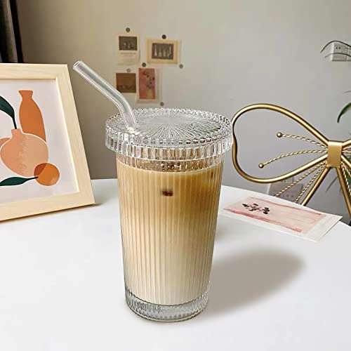 Glass Tumbler Stripe Glass Cup Coffee Cup With Lid and Straw LIDS DON'T SECURE 12.5 oz Drinking Glasses for Water,Iced Coffee,Milk,Tea,Juice (A-Stripe)