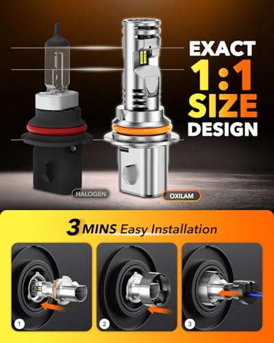 Image of OXILAM 9007 LED Light Bulb, 10X Brighter 6500K Cool White, 60,000Hrs Lifespan, Plug and Play, Anti-Flicker, IP68, HB5 LED Light Compatible with Cars Trucks SUVs, Pack of 2