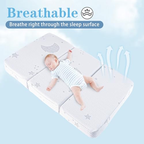 Image of 38 inchx26 inch Memory Foam Pack and Play Mattress - Tri-Fold Portable Travel Bed with Breathable Cover, Non-Slip Base & Carry Bag - Better Sleep, Anywhere