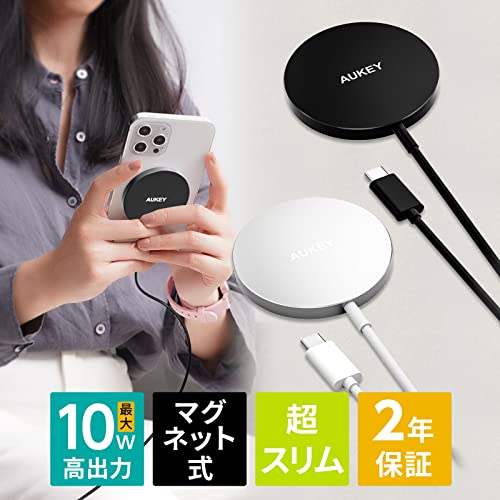 MagSafe対応 ワイヤレス充電器 AUKEY オーキー Aircore 10W LC-A1S ブラック ホワイト Qi iPhone Android マグネットタイプ 置くだけ充電 超簡単 ワイヤレス パッド型 2年保証 (Black)