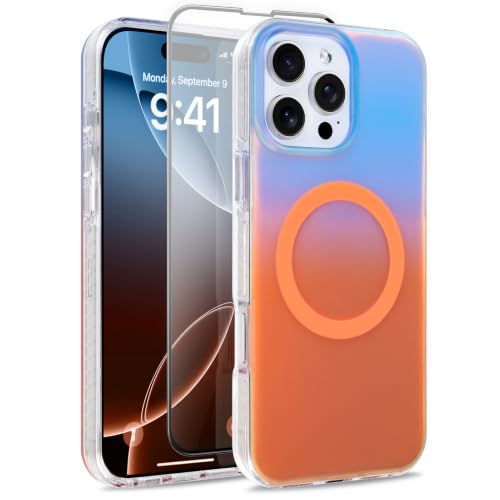 Image of Magnetic Case for iPhone 16 Pro Max [Compatible with Magsafe] | [Anti-Yellowing] [1 Screen Protector] Cute Fashion Iridescent Case for iPhone 16 Pro Max 6.9 inch 2024, Blue Orange