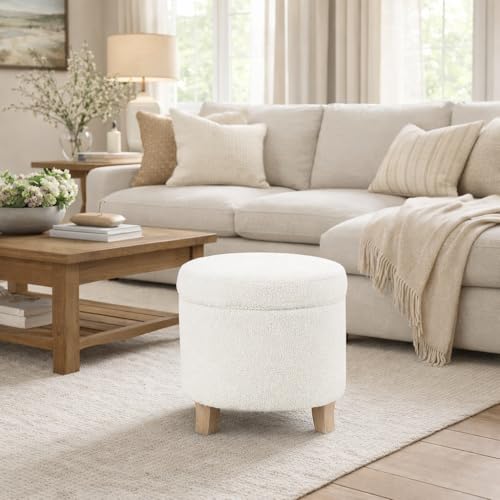 Image of HomePop Round Transitional Faux Sheepskin Fabric Storage Ottoman Home Decor|Upholstered Round Foot Rest Ottoman- Light Cream Large
