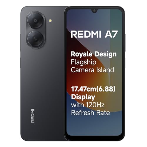 Image of REDMI A7 4G (Black, 3 GB RAM, 64GB Storage) | Large 17.48cm (6.88) Smooth 120Hz Display | 5200mAh 2-Day Battery | Royale Design | Charger in the Box | 17.48cm (6.88) 120Hz Display, 5200mAh 2-Day Battery, Royale Design, Charger in the Box