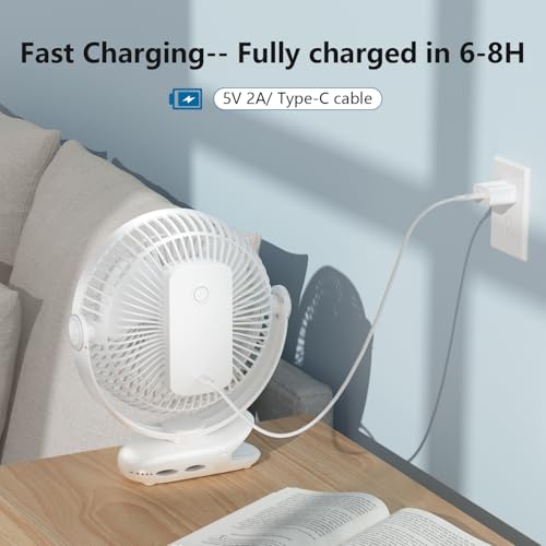 Image of 10000mAh 30hrs Rechargeable Clip on Fan, 8 Inch Battery Operated Fan Portable, 4 Speeds, Sturdy Clamp, Quiet USB Fans for Golf Cart Desk Treadmill Camping Truck Outdoor Travel Office, White