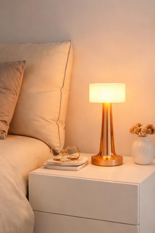 Image of Rose Gold LED Table Lamp - Modern Decorative Bedside Night Lamp with Soft Warm Light, Minimalist Metal Desk Light for Bedroom, Living Room & Office