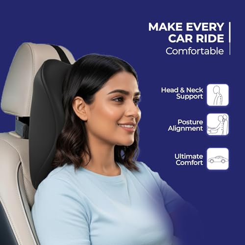 Image of WELLGIVER Orthopedic Memory Foam Car Neck Rest Pillow - Cervical Support Cushion for Neck Pain Relief, Adjustable Strap - Universal Fit for All Cars | Black Velvet | Pack of 2