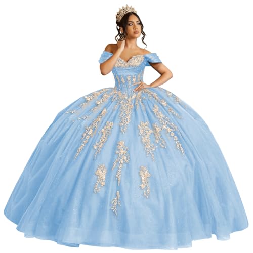 Mouccy Glitter Gold Floral Quinceanera Dresses with Bow Beaded Off Shoulder Sweet 16 Dress Ruched Tulle Evening Ball Gowns
