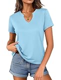 Women's V Neck Cotton T-Shirts Breathable Short Sleeve Tops Lightweight Stretch Summer Tees (Sky Blue,Large)