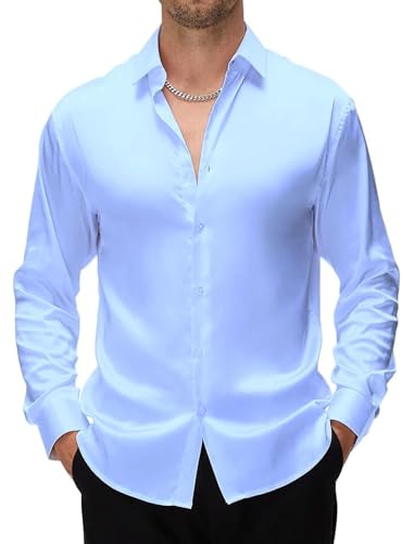 Image of CB-COLEBROOK Mens Stylish Solid Silk Satin Casual Dress Shirts for Men Shiny Long Sleeve Button Down Shirt Party Prom Wedding Shirt for Mens