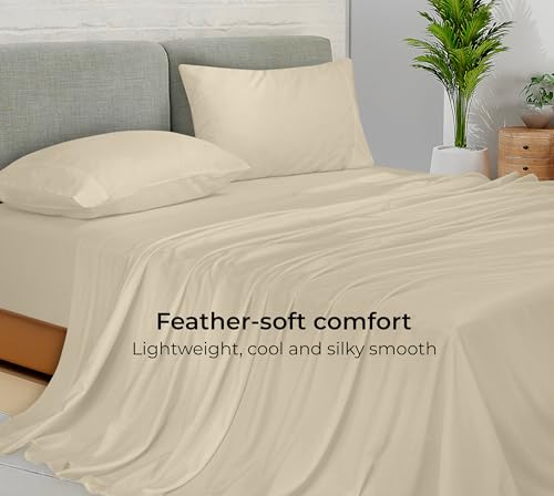 Image of Royale Linens Bamboo Viscose Queen Sheet Set - Cooling Bed Sheet Set - 1 Fitted, 1 Flat & 2 Pillowcase - Fits Up to 16 inch - Organic Viscose Derived from Bamboo - Bedding Sheet & Pillowcase (Queen, Sand)