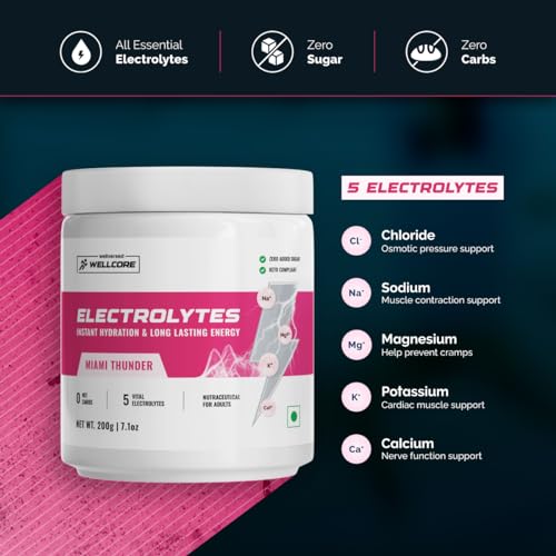 Wellcore Electrolyte Powder (80 Servings, 400gm) | Miami Thunder | Drink With 5 Vital Electrolytes: Na, Mg, Ca, K, PO4 | Sugar Free Electrolyte | Instant Energy & Hydration Solution | Pack of 2