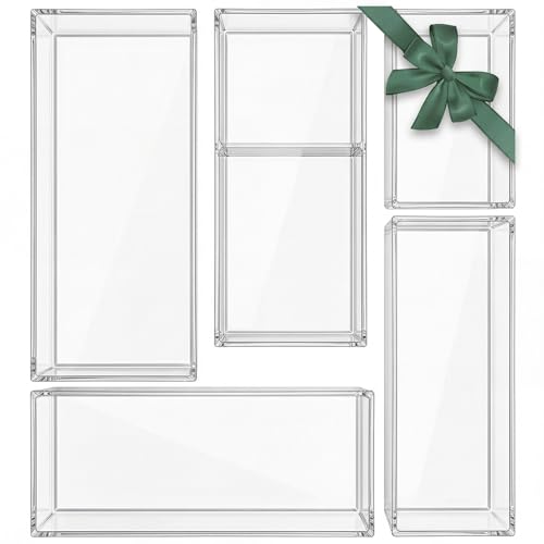 Briwooody Set of 5 Acrylic Desk Bathroom Organizer, Makeup Drawer Organizer Trays, Storage Bins for Stationery, Makeup, Jewelry, Gadgets for Kitchen, Office, Bedroom, Bathroom Gifts