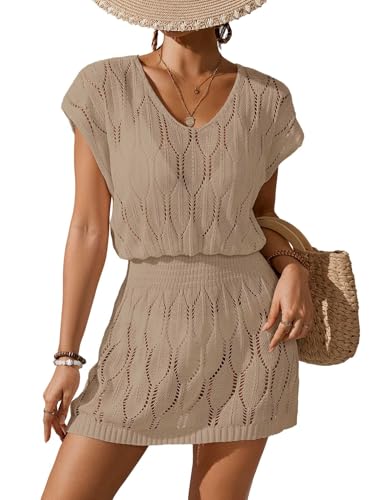 Womens Crochet Elastic Waist Beach Dresses Summer 2025 Scoop Neck Cap Sleeve Bathing Suit Cover Up Mini Dress