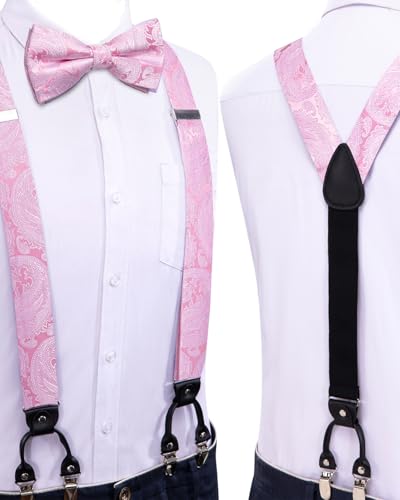 Image of Hi-Tie Mens Light Pink Suspender Set With Pre-Bow Tie Elastic Y Type 6 Clips Braces Tie Handkerchief Cufflinks 4Pcs for Wedding Party, Medium