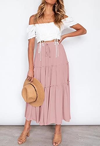 Haeof HA32011SKIRT1-PINK-M Women'S Boho Elastic High Waist A Line Ruffle Swing Beach Maxi Skirt thumb #2