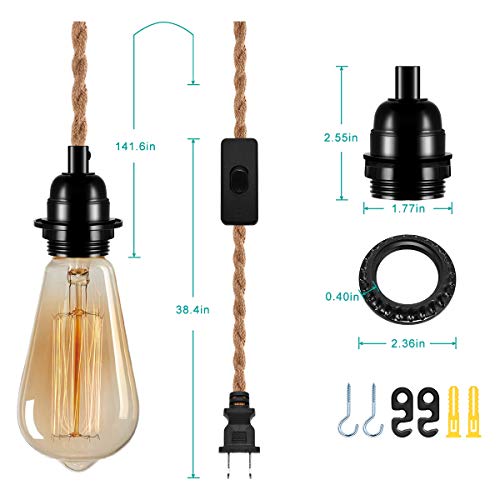 Vintage Plug In Hanging Light Kit, Doresshop Vintage 15Ft Twisted Hemp Rope Pendant Light Cord Kit With On/Off Switch, Industrial Pendant Lighting E26 Socket For Pendant Lamp Farmhouse Lamp Cable Diy #TOP1