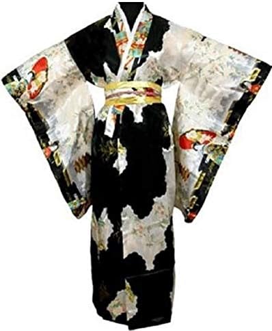 Adult Satin Kimono Robe - Black Multi-Colored, One Size