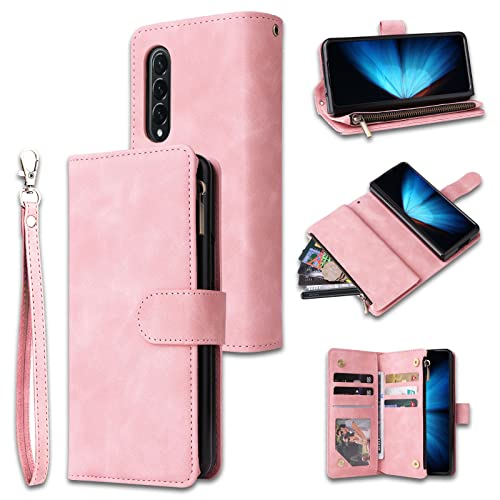 LANYOS for Samsung Galaxy Z Fold 4 5G Wallet Case with Card Holder for Women Men，PU Leather Kickstand Zipper Flip Folio RFID Blocking Card Slots Phone Cover with Wrist Strap (Pink)
