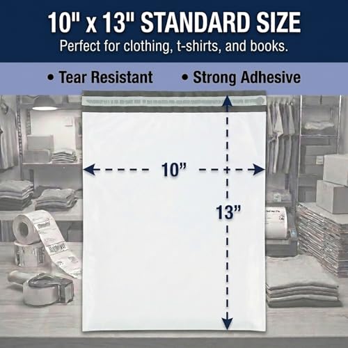 Image of BOX USA Shipping Bags 10 inch x 13 inch (100-Pack) White - Heavy Duty Self-Adhesive Envelope Poly Mailers for Packing, Secure Shipping, & Small Business Mailing