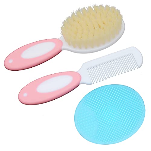 Image of Baby Hair Brush &Silicone Baby Cradle Cap Brush Set, for Newborns & Toddlers-Natural Soft Goat Bristles-Ideal for Cradle Cap-Perfect Baby Registry Gift (Pink)