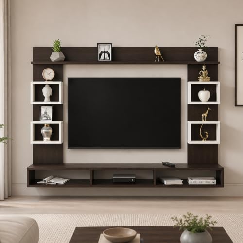 Image of FURNEASER Martin Modern Wall Mount TV Unit for Living Room Wooden Entertainment Center with Storage Shelves Modern TV Panel Stand Showcase for Up to 43 Inch Media Console Cabinet (Wenge & White)