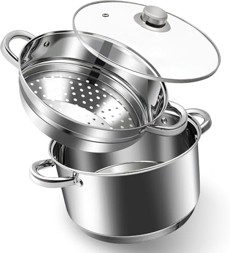 KroWallu 4 QT Stainless Steel Cookware Set, 3-Piece Multipurpose Stock Pot with Steamer Pot and Tempered Glass Lid, Stainless Steel Handle, Work with Gas Electric Induction Stove