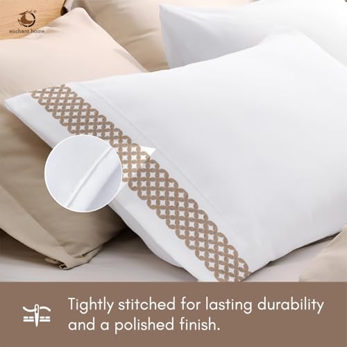 Image of Pure Cotton 500 TC Bag Type Pillow Cover Set | Greek Embroidered Pillow Cover Set | Percale Weave | 18 X 27 Inches (2, Beige Lattice Border)