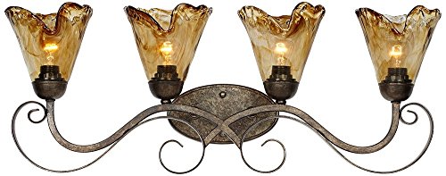 Image of Franklin Iron Works Amber Scroll Rustic Vintage Wall Mount Light Golden Bronze Silver Metal 29 1 /2 inch Wide 4-Light Vanity Fixture Organic Art Glass Shades Decor for Bathroom Over Mirror House Home