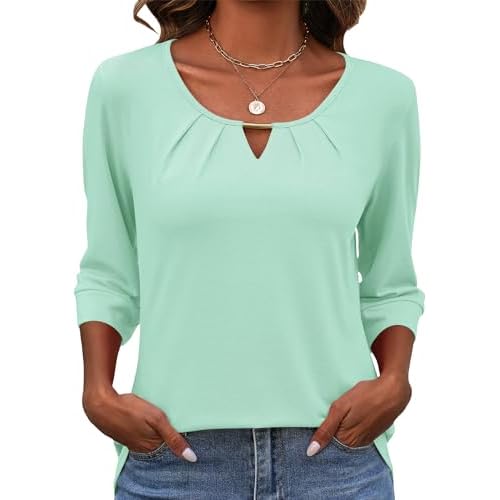 Rapbin 3/4 Length Sleeve Tops Crew Neck Casual Basic Pleated Blouses 2026 Trendy