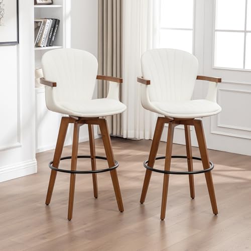 Image of LUNLING 26 inch Counter Height Stools Set of 2,Mid Century Modern Bar Stools,White PU Leather Kitchen Island Stools,Wood High Barstools Swivel with Back and Arms for Home Bar Furniture
