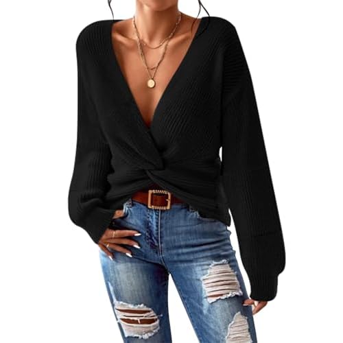Pink Queen Women's 2024 Casual Pullover Sweaters Sexy V Neck Long Sleeve Twsit Knot Cropped Knit Sweater Tops X-Large Black