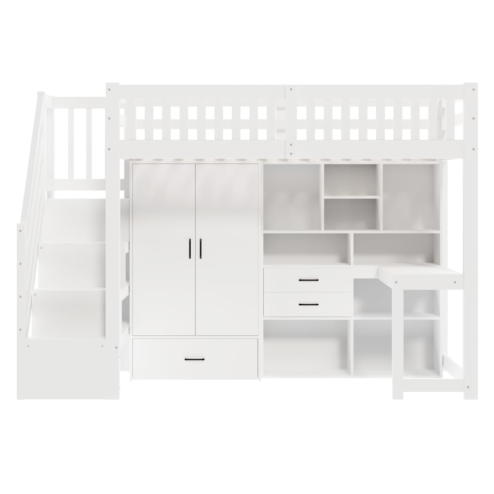 Letto a castello 90x200cm con scrivania e armadio,letto a soppalco per bambini con cassetti e vano portaoggetti,letto castello con Scaletta, struttura letti ragazzi 90x200,Pine,Senza materasso,Bianco