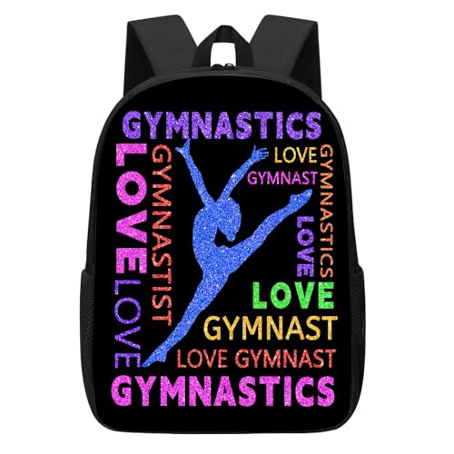 Gymnastics Backpack, Gymnastics Backpack for Girls Women, Colorful Love Gymnast on Black Bookbag, Funny Water Resistant Lightweight School Laptop Bags Casual Travel Daypack 17