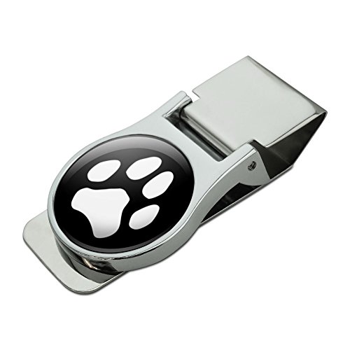 Paw Print Dog Cat White on Black Satin Chrome Plated Metal Money Clip