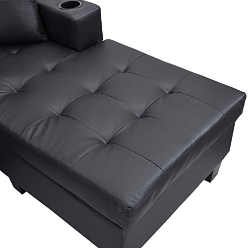 Morhome Reversible 4-Seat Leather Sectional Sofa Living Room Furiture Set with L Shape Lounge, Cup Holder and Left or Right Hand Chaise, Ea-Black