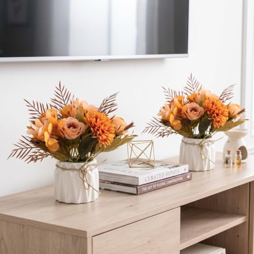 Image of Dekorly Artificial Lavender Plant in White Pot, 18cm - Realistic Faux Flower Arrangement for Home & Office Decor (Set of 1) (2, Orange Chryshydra Flower)